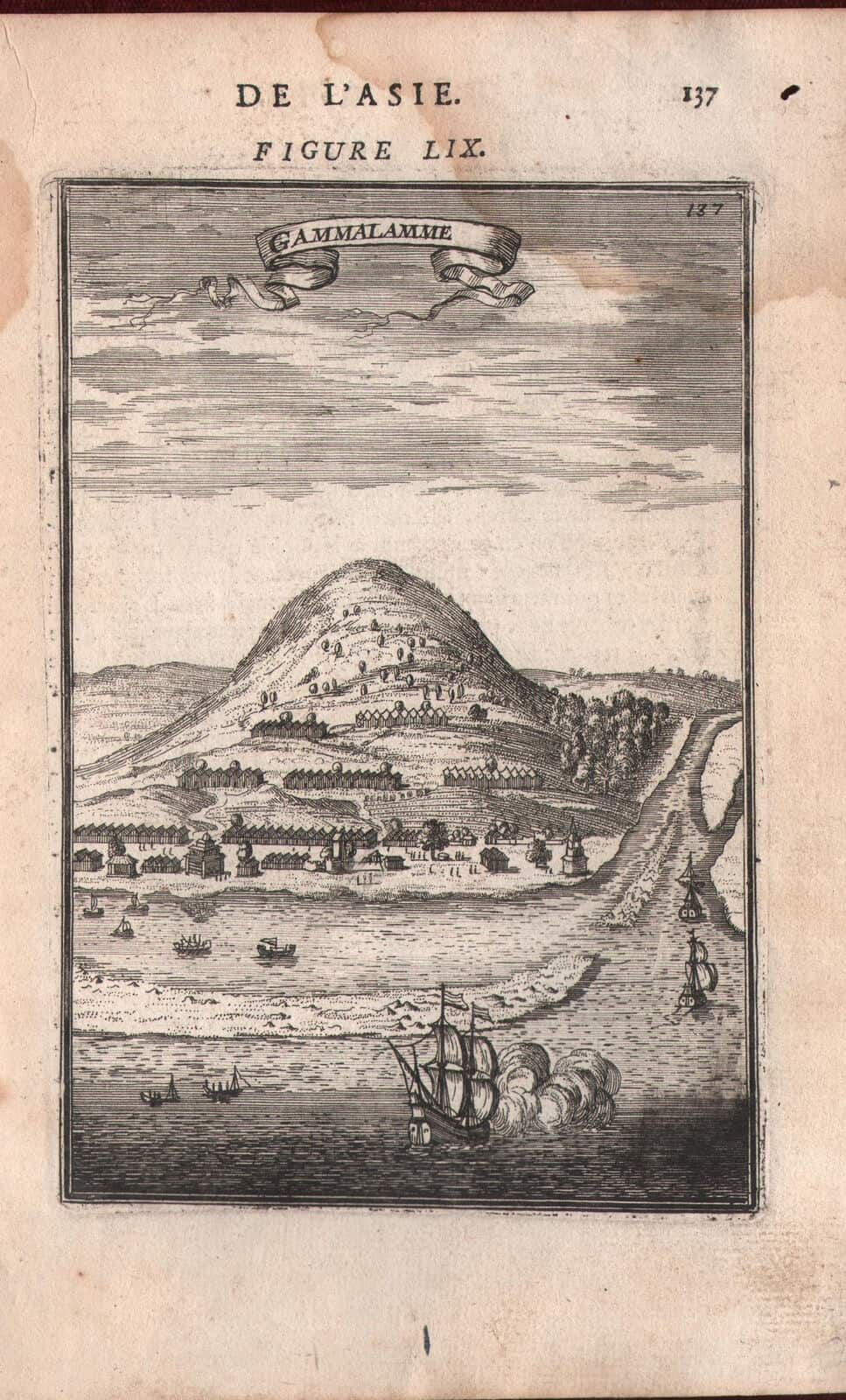 1683 Gammalamme L'asie Mallet Copperplate Engraving Asia Gamalama Volcano