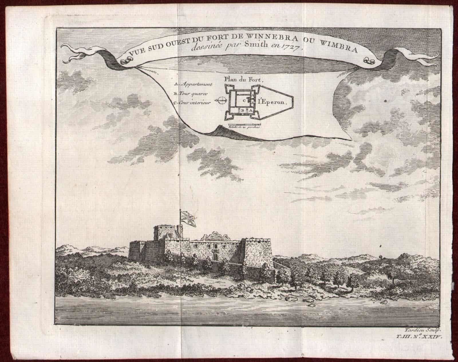 1747 Fort De Winnebra Ou Wimbra Smith Schley Copperplate Engraving Ghana Africa