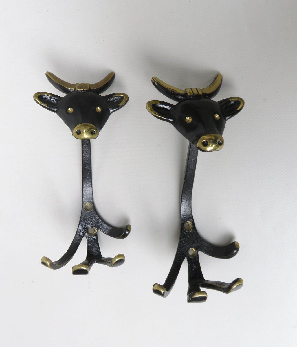 Black Brass Animal Cloakroom Hook By Walter Bosse, 1950s, Set Of 12 photo vinterior