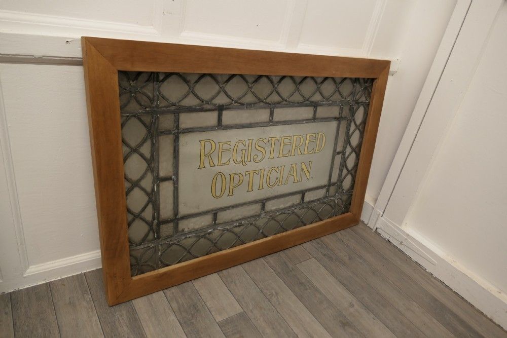 2 Large Leaded Glass Optician’s Window Signs photo vintage