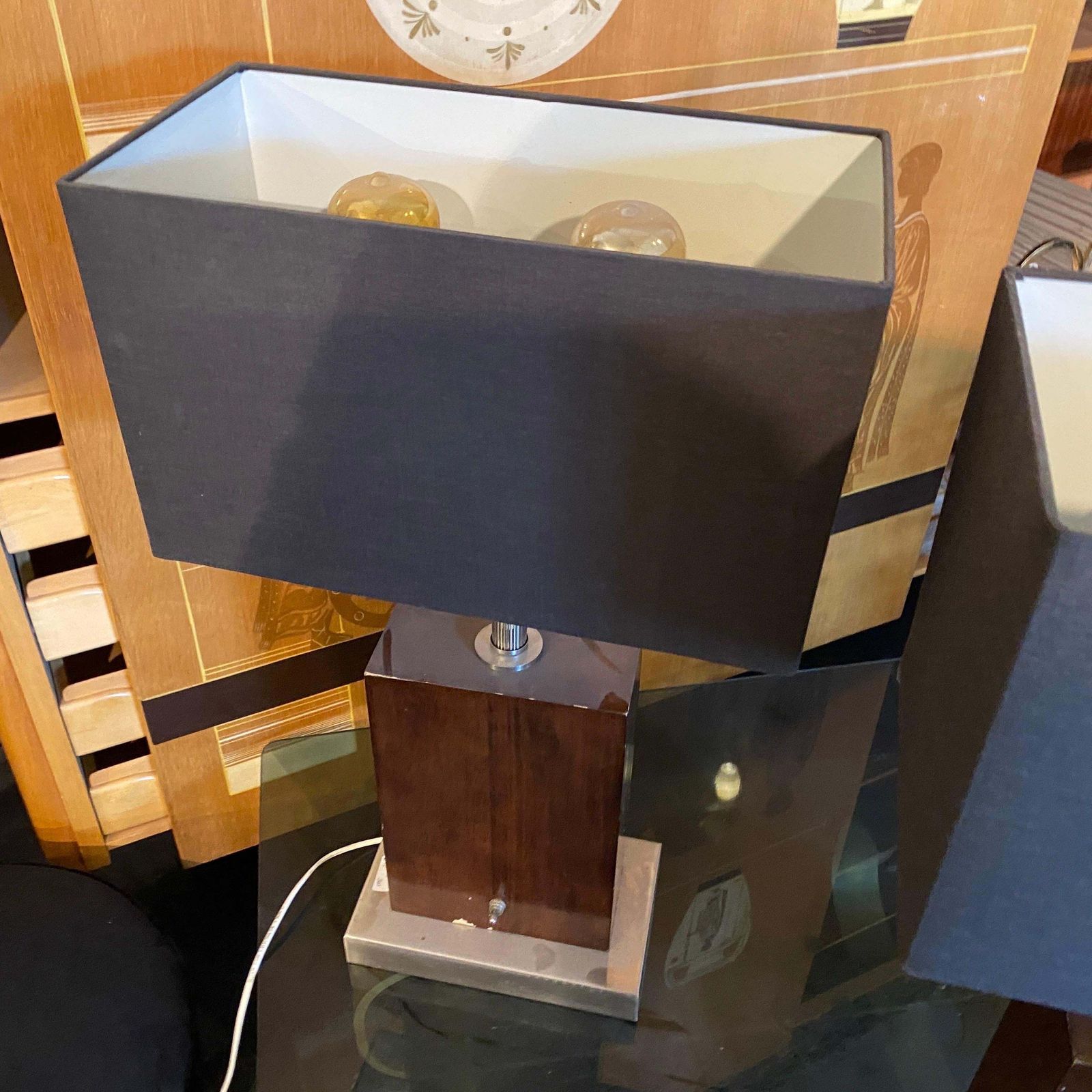 Set Of Two 1980s Modernist Wood And Metal Italian Table Lamps photo for sale