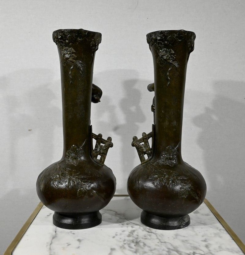 Pair Of Spelter Vases "Musician Children", After A. Moreau   Late 19th Century photo vinterior