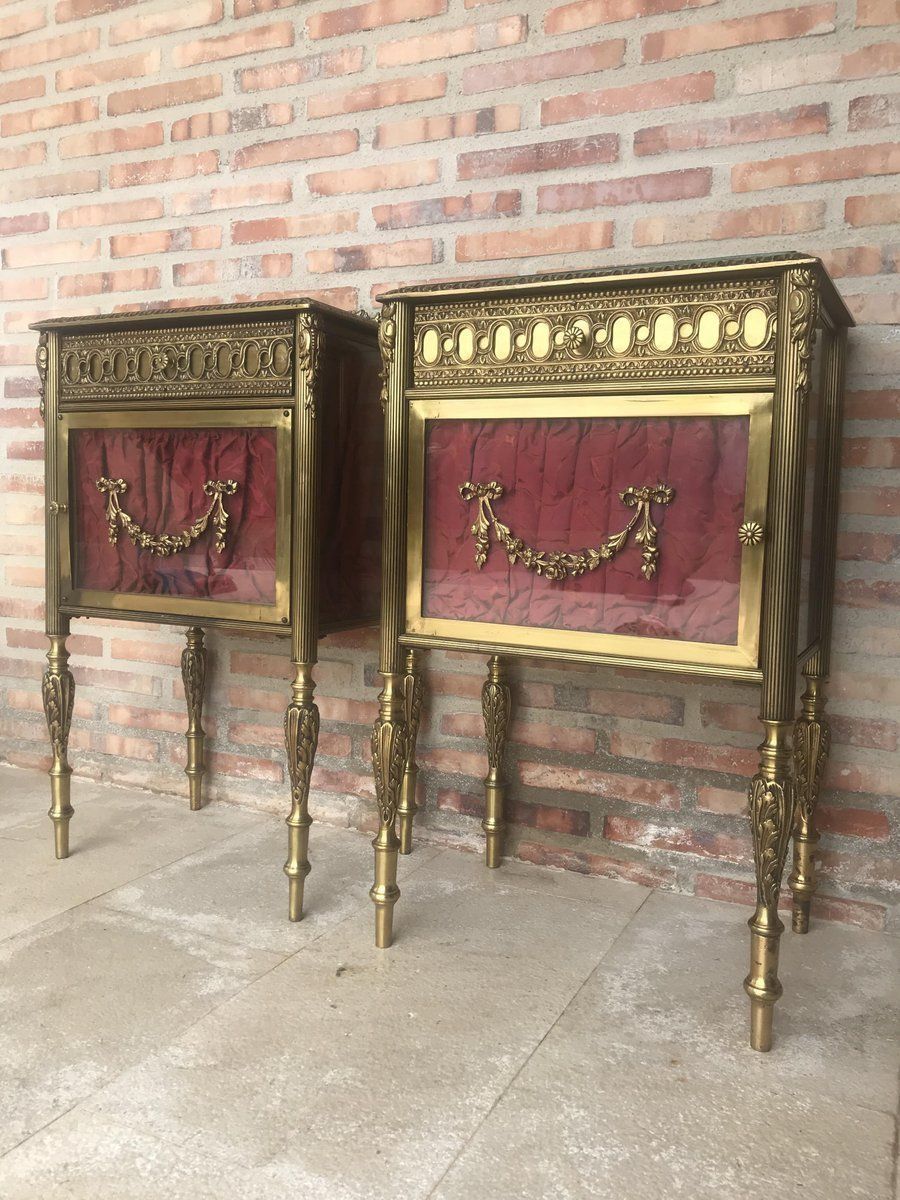 Antique Louis XVI Bronze & Glass Nightstands, Set Of 2 Bedside Tables photo 2900.0