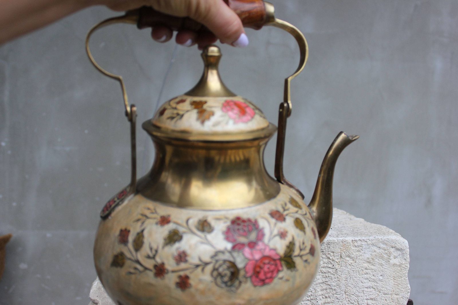 Unique Enamel Brass Teapot, Vintage Kettle With Beautiful Ornate Flowers Classic Shape Rustic Kitchen Decoration photo vinterior