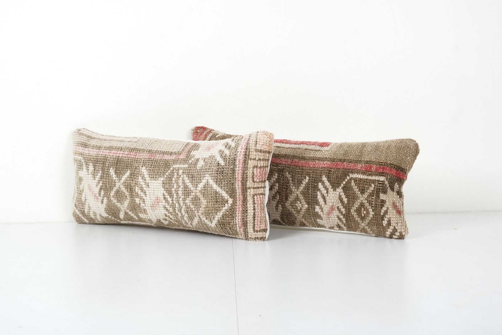 Set Of Two Anatolian Oblong, Pair Brown Ethnic Faded Handmade Lumbar Cover, Vintage Carpet Soft Wool Pillow 8'' X 18'' photo Textiles