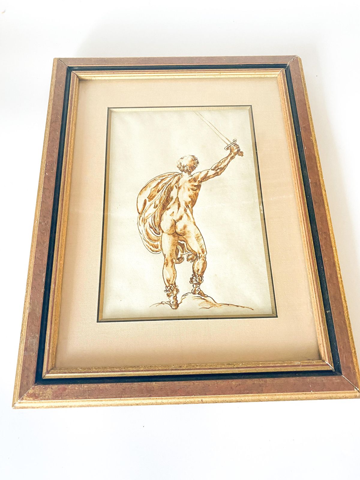 Engraving Of A Drawing Of A Nude Man, Brown Ink, Italy, 19th Century photo furniture