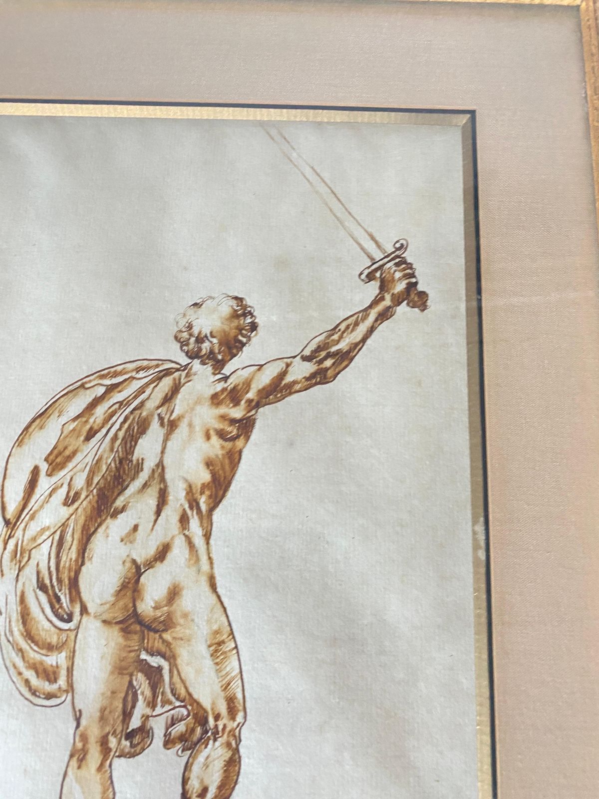 Engraving Of A Drawing Of A Nude Man, Brown Ink, Italy, 19th Century photo vintage