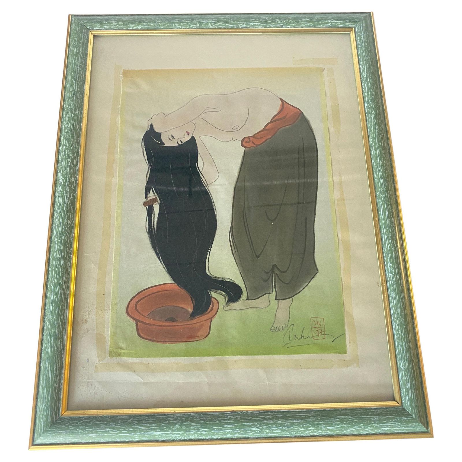 Japonaise Painting In A Wood Frame, Representing A Woman, Japan, XX Century