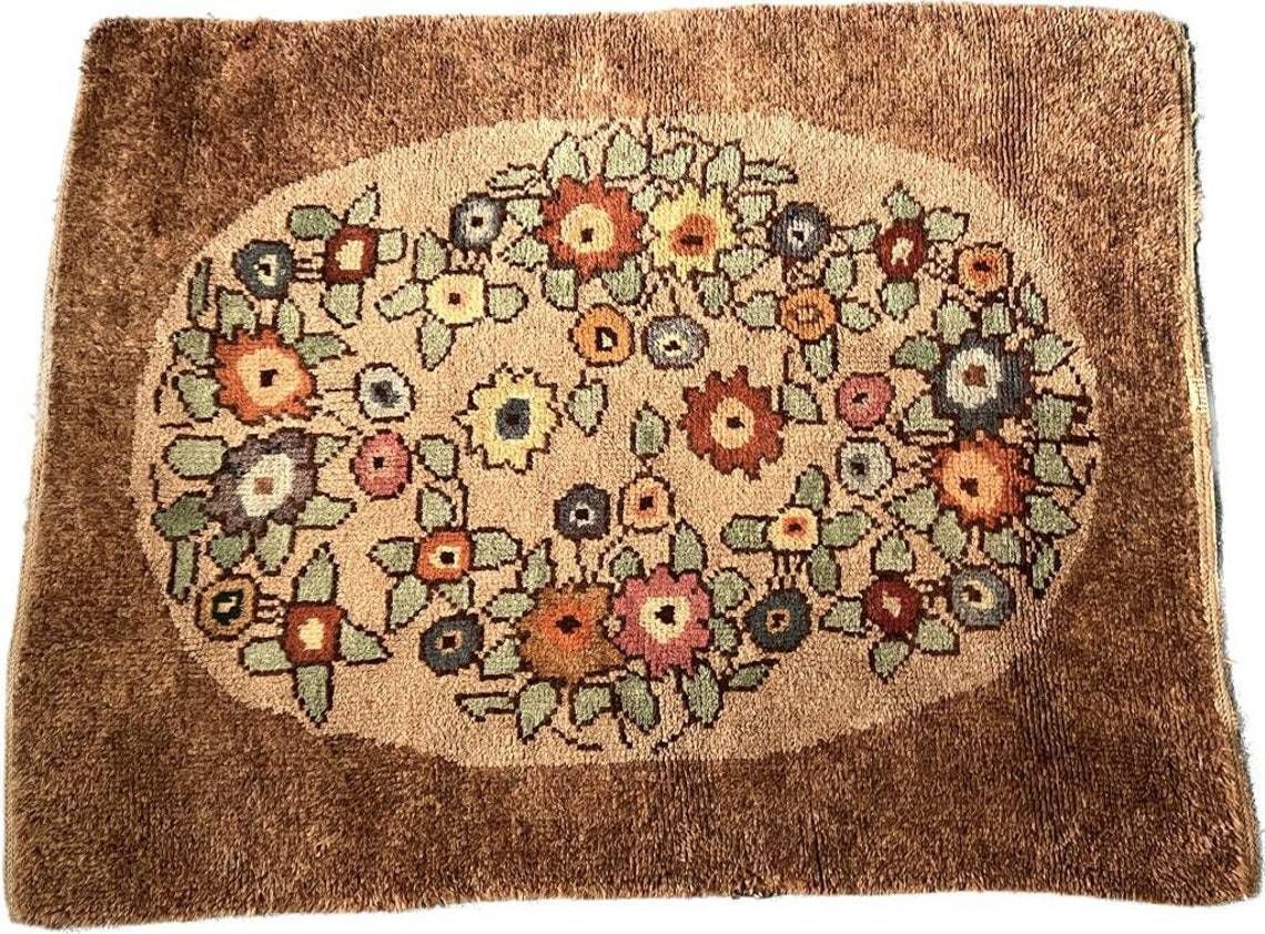 Scandinavian Style Brown Hook Rug, Mid Century High Pile Shag Rug photo for sale