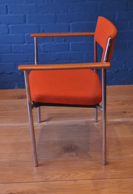 A Pair Of Mid Century Chrome & Beech Open Frame Armchairs With Vibrant Orange Upholstery 1960's Ol photo furniture