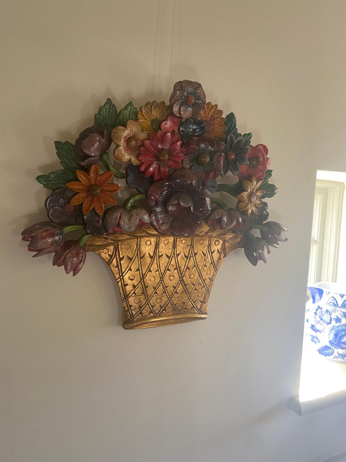 An English 1930s Carved Floral Basket Wall Appliqué Or Wall Hanging photo furniture