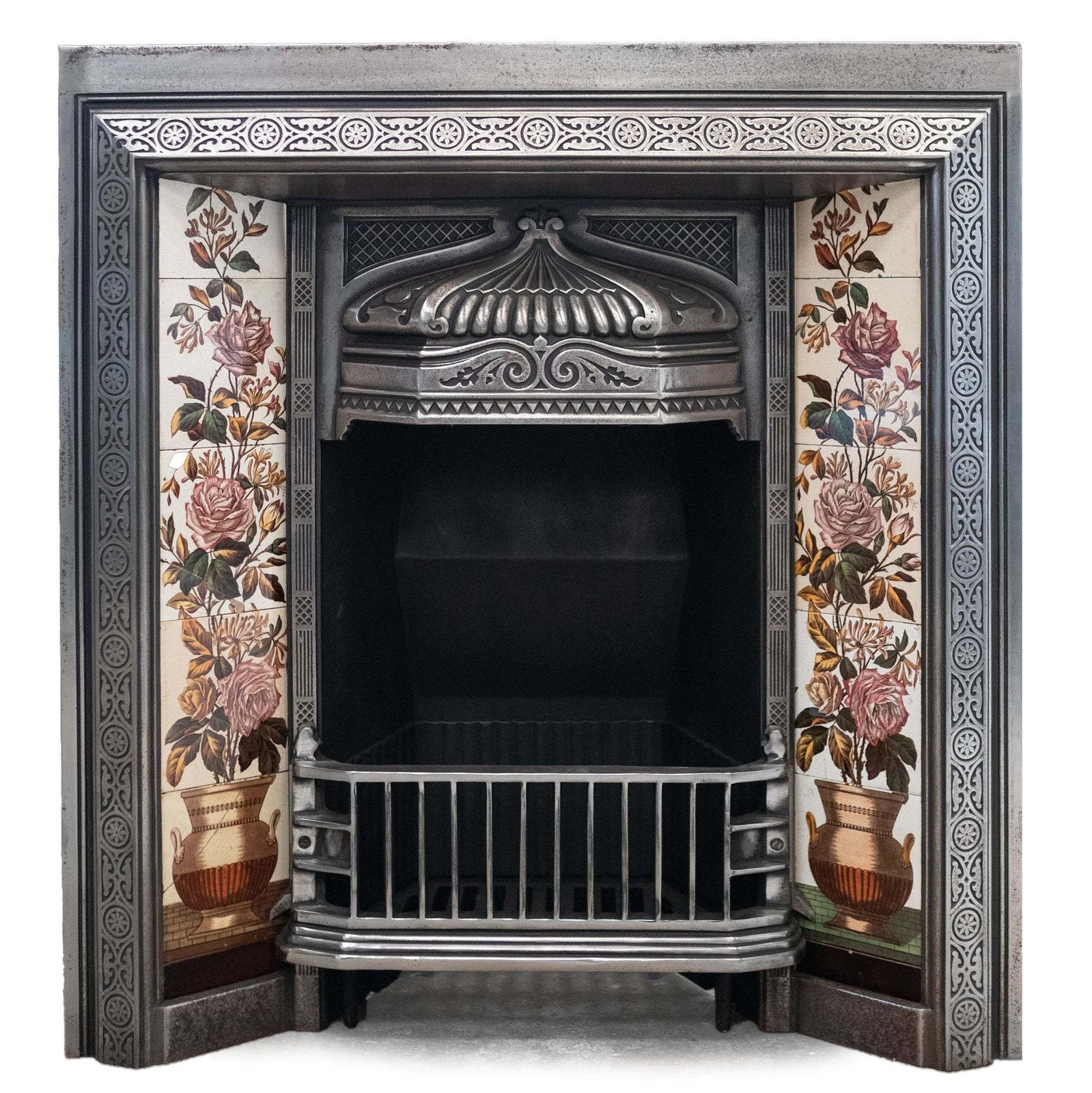 Antique Polished Cast Iron Fireplace Insert With Tiles