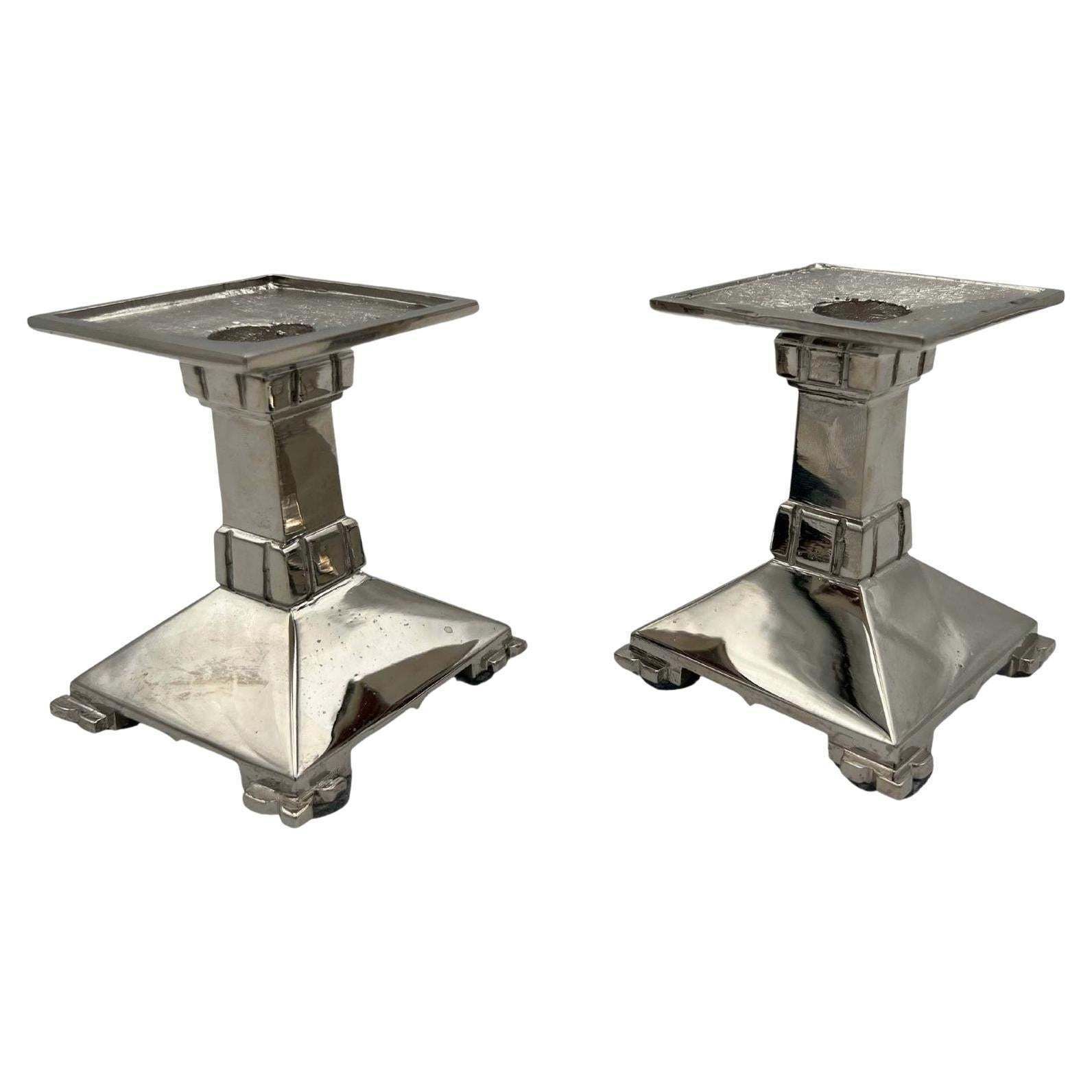 Art Deco Bronze Candlesticks, Nickel Plated, France Circa 1930
