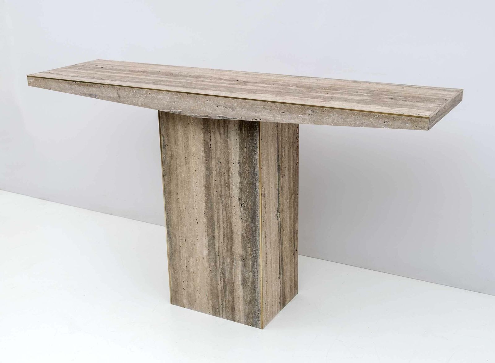 Pair Of Mid Century Italian Unfilled Travertine And Brass Inlay Console Tables photo for sale