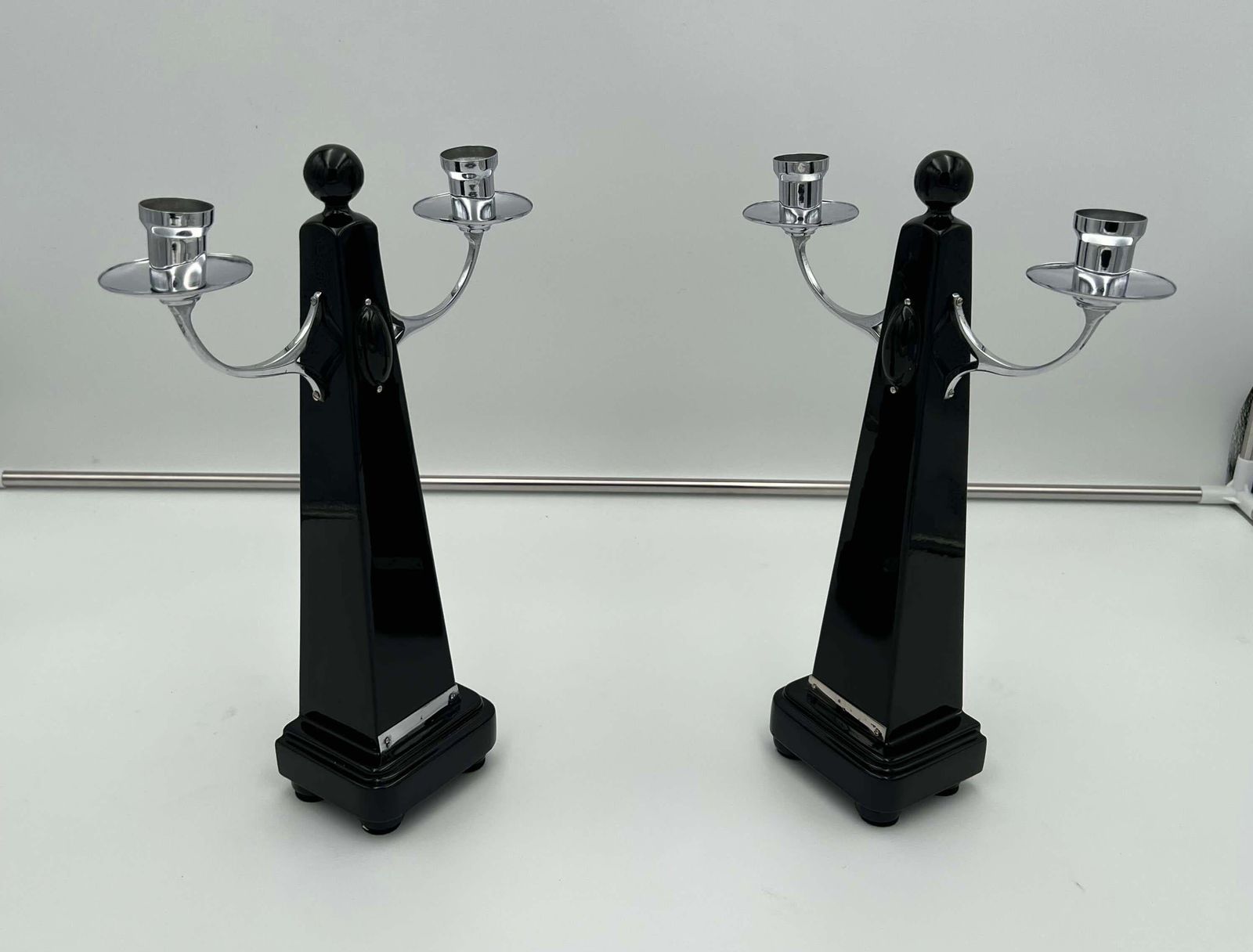 Pair Of Art Deco Candlesticks, Black Lacquer, Oak, Nickel, Netherlands C. 1930 photo Home Decor
