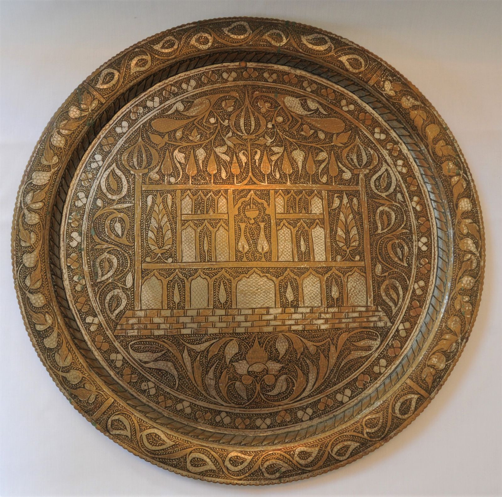 Antique Brass Indian Islamic Mughal Style Finely Engraved Large Tray / Charger With Niello