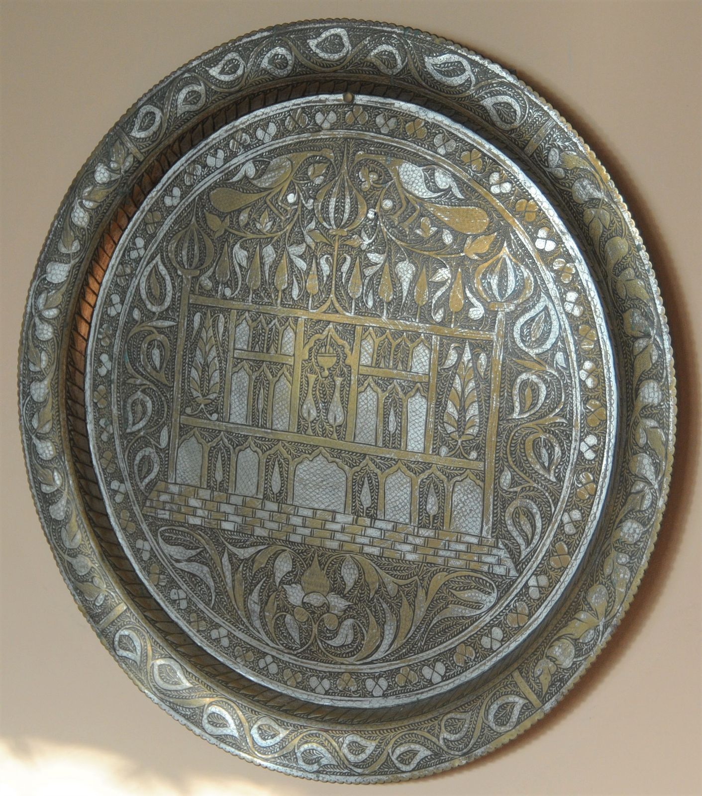 Antique Brass Indian Islamic Mughal Style Finely Engraved Large Tray / Charger With Niello photo for sale