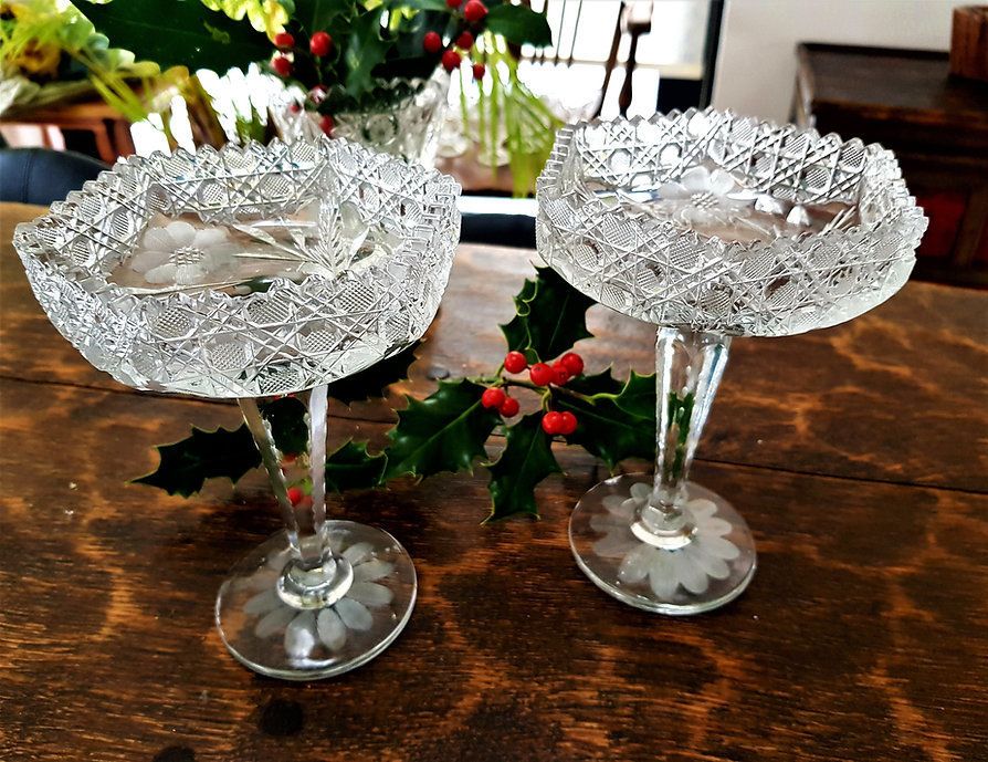 Pair Of Ornate 1950's Hexagonal Bon Bon Dishes In Heavy Vintage Crystal photo furniture