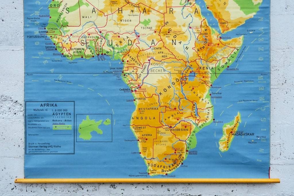 Original Huge Large Vintage Mid Century Double Sided German Educational School Wall Chart Africa African Continent Map Beautiful photo for sale