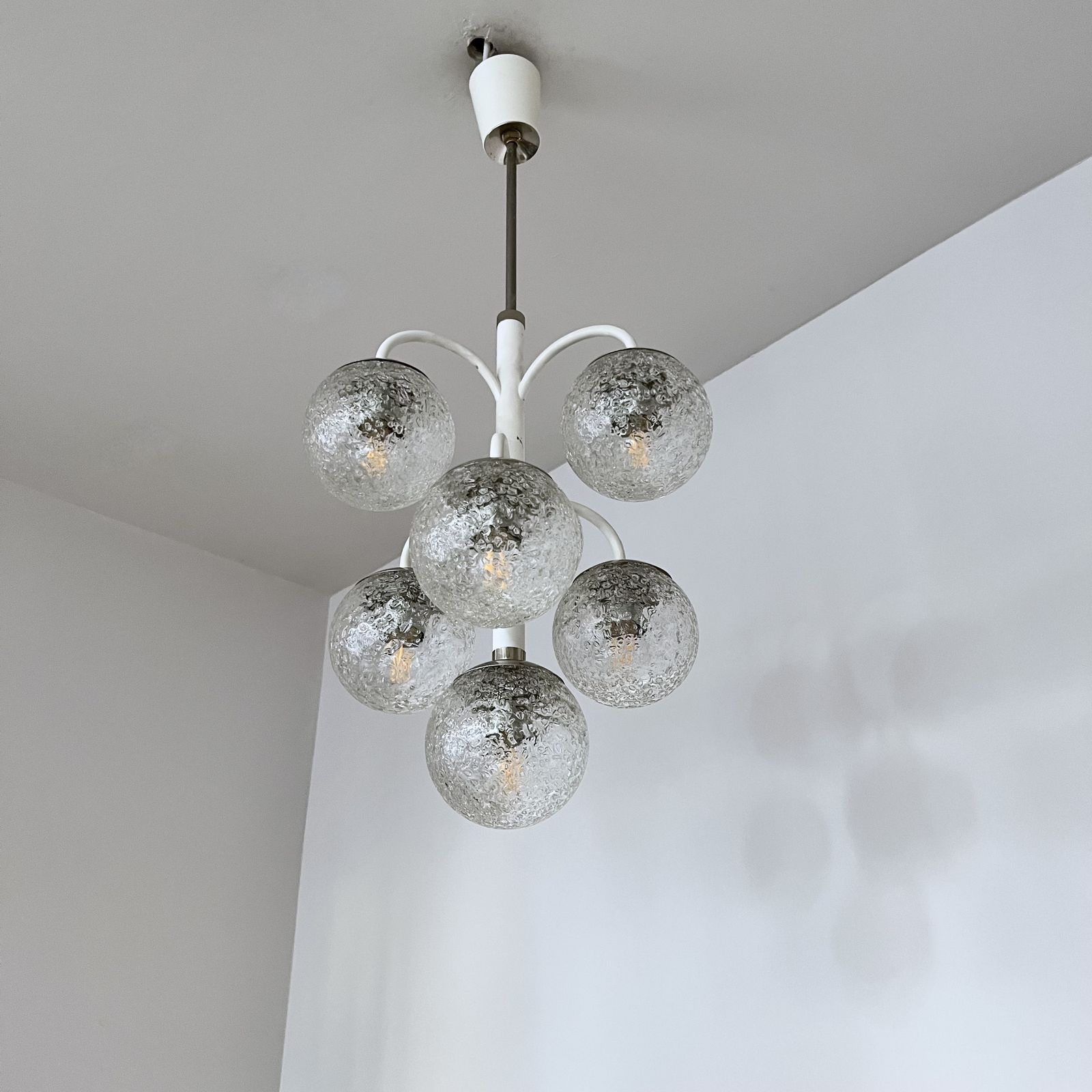 Belgian Mid Century Chandelier With Textured Glass Shades photo for sale