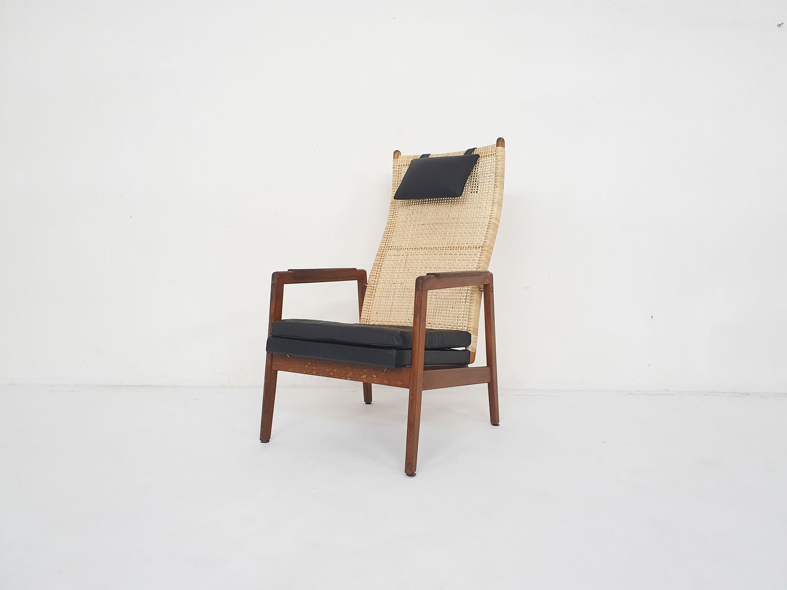 Rattan And Leather High Back Lounge Chair By P.J. Muntendam For Gebr. Jonkers, The Netherlands 1950's