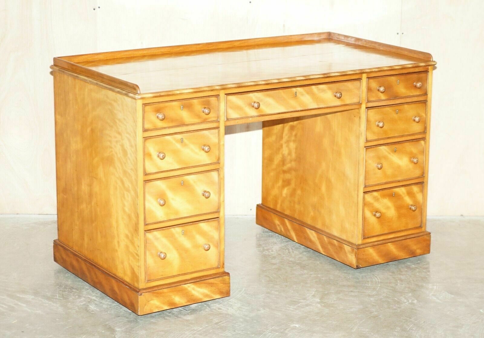 Antique Victorian Fully Stamped Morris & Co Circa 1880 Satinwood Pedestal Desk
