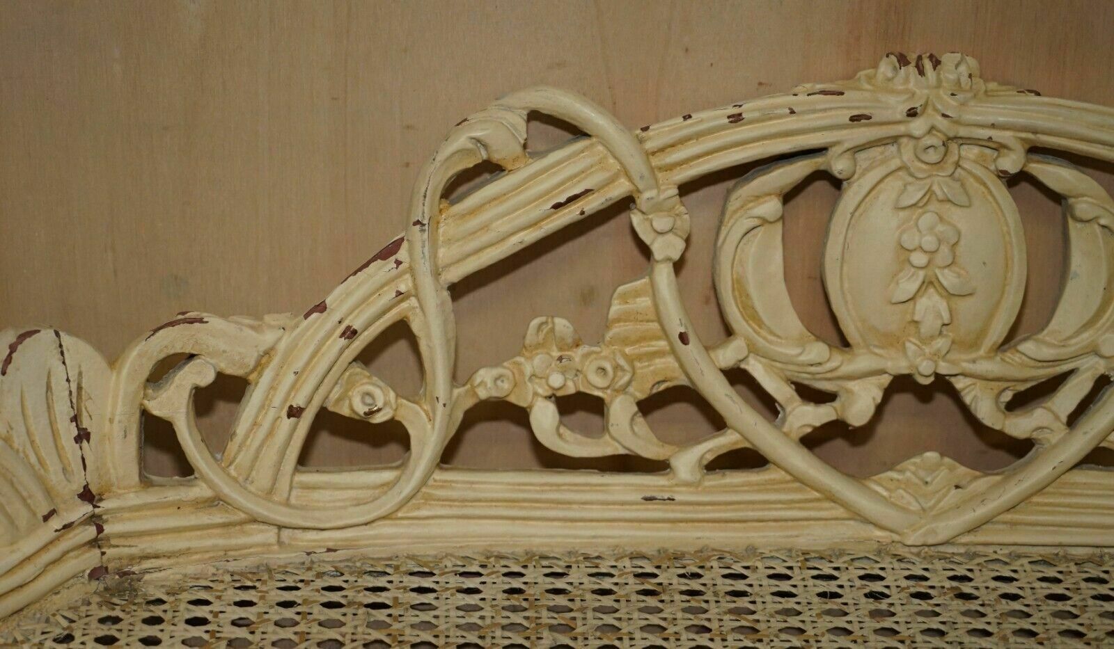 1950.0 Antique French Shabby Chic Bergere Window Seat Bench Original Paint Finish photo