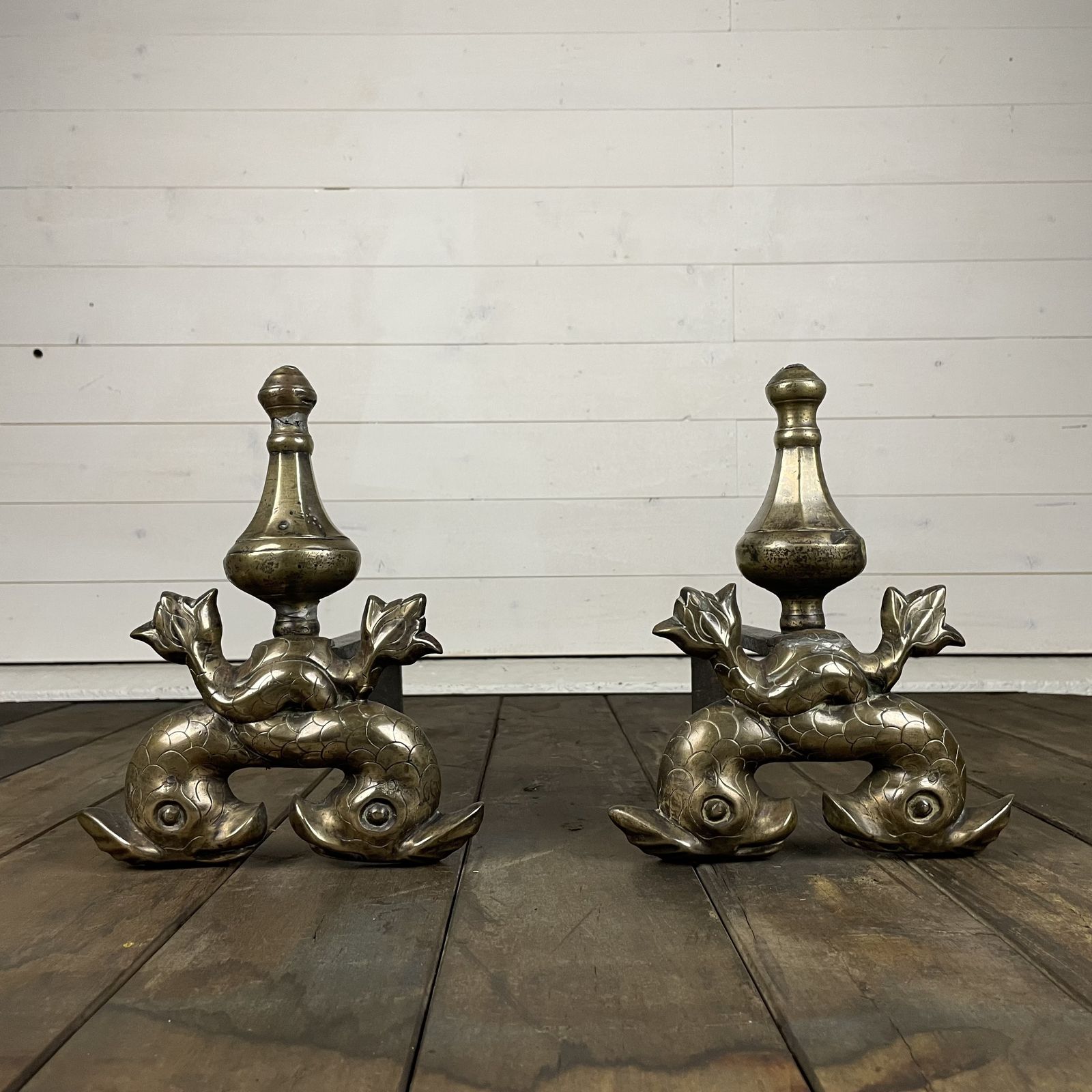 Antique Brass And Iron Mythical Fish Design Fire Dogs