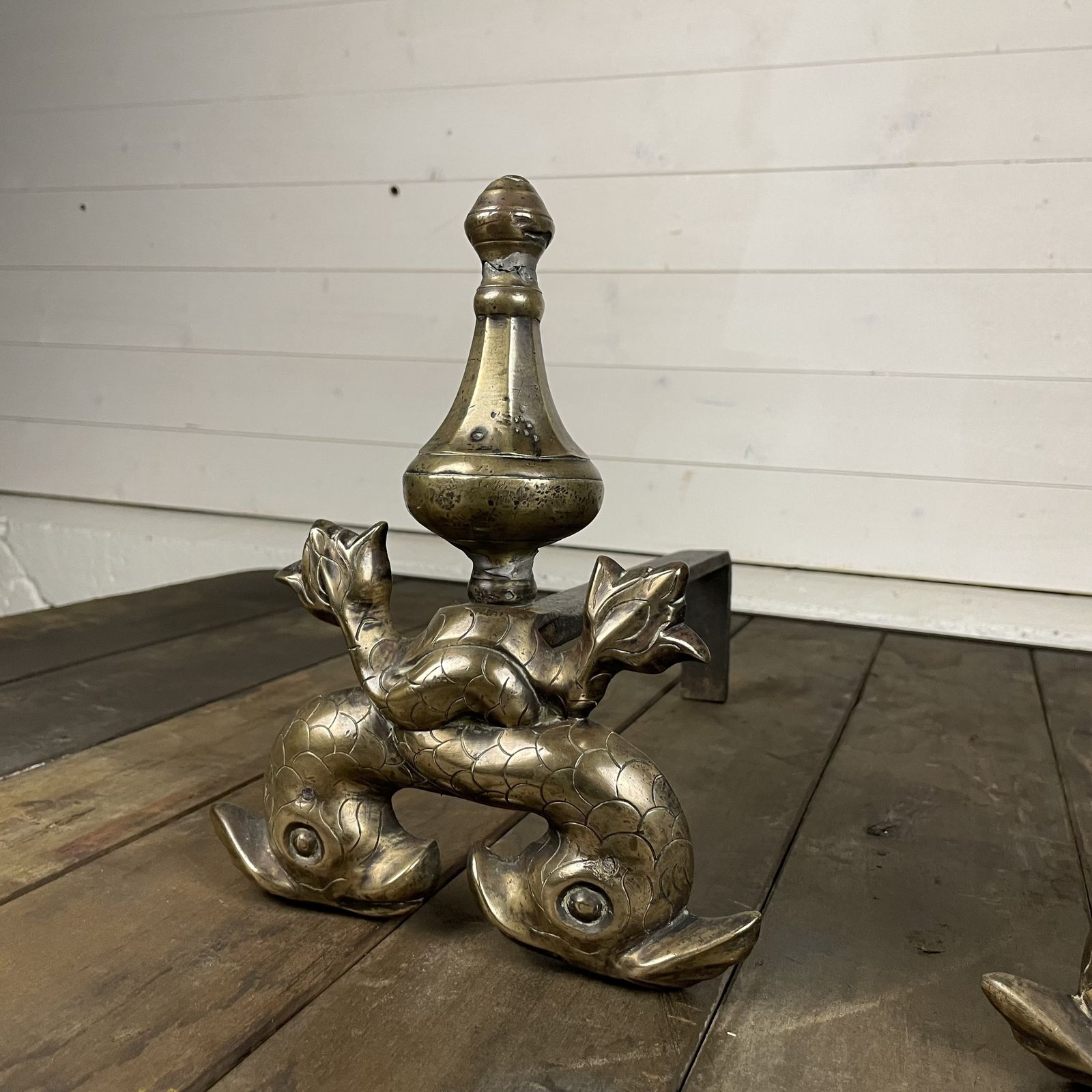 Antique Brass And Iron Mythical Fish Design Fire Dogs photo furniture