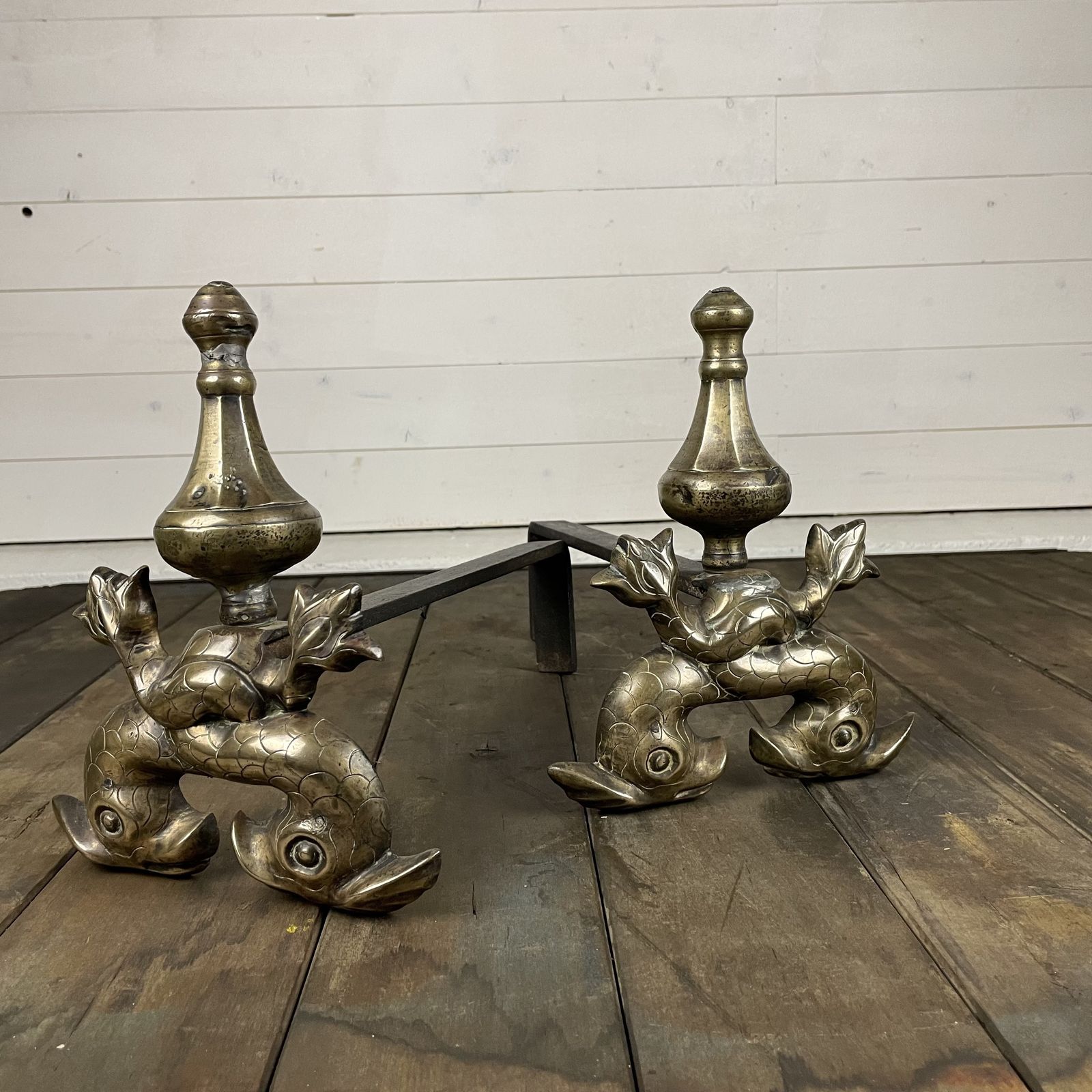 Antique Brass And Iron Mythical Fish Design Fire Dogs photo Home Fixtures