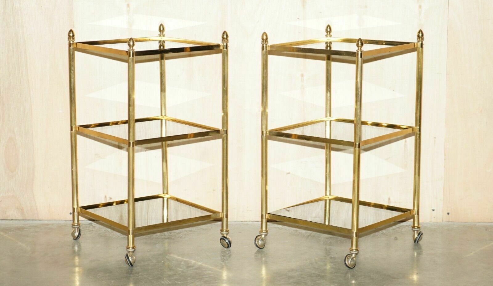 Fine Pair Of Mid Century Modern Brass And Smoked Glass Three Tier Etagere Tables