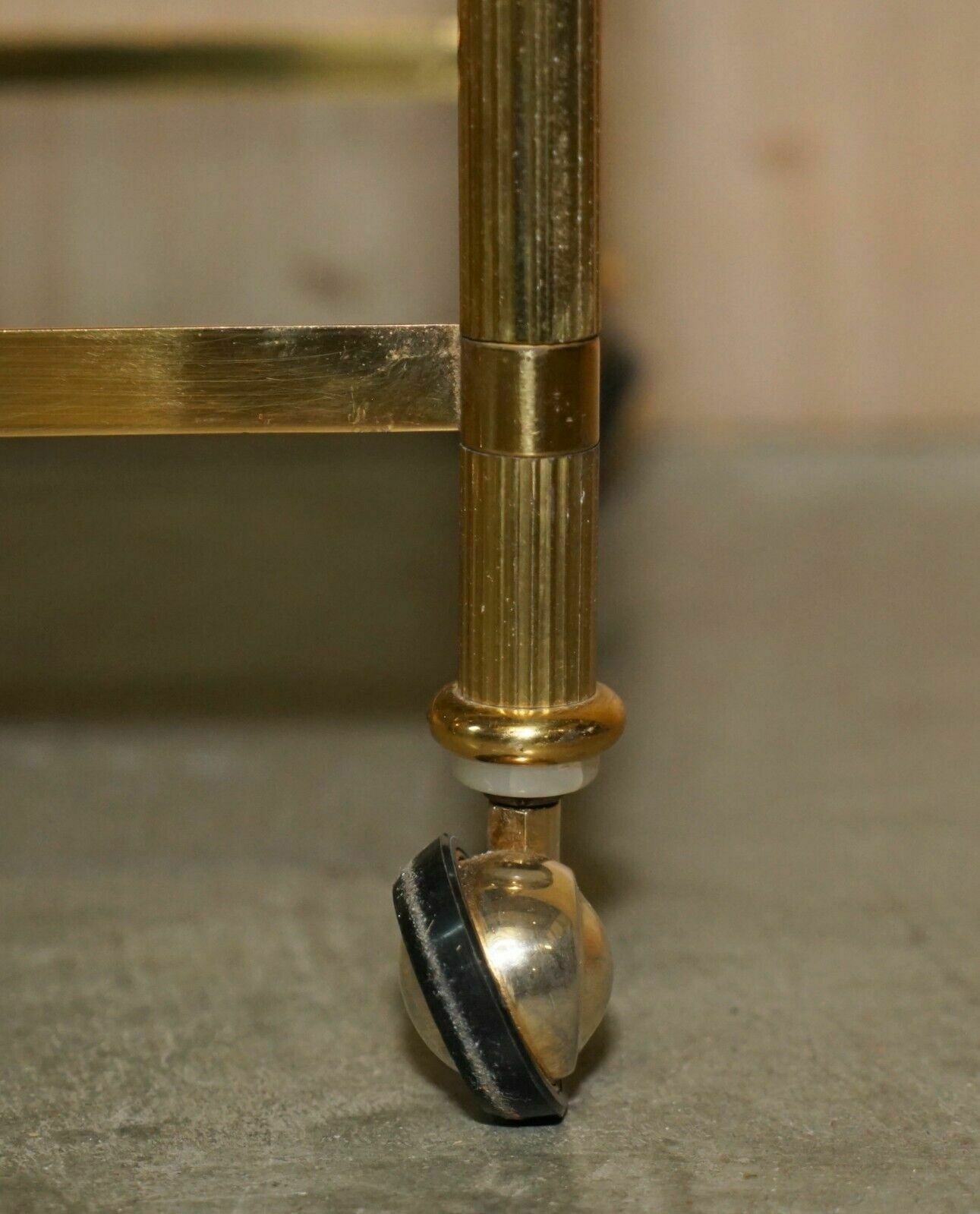 photo for sale Fine Pair Of Mid Century Modern Brass And Smoked Glass Three Tier Etagere Tables