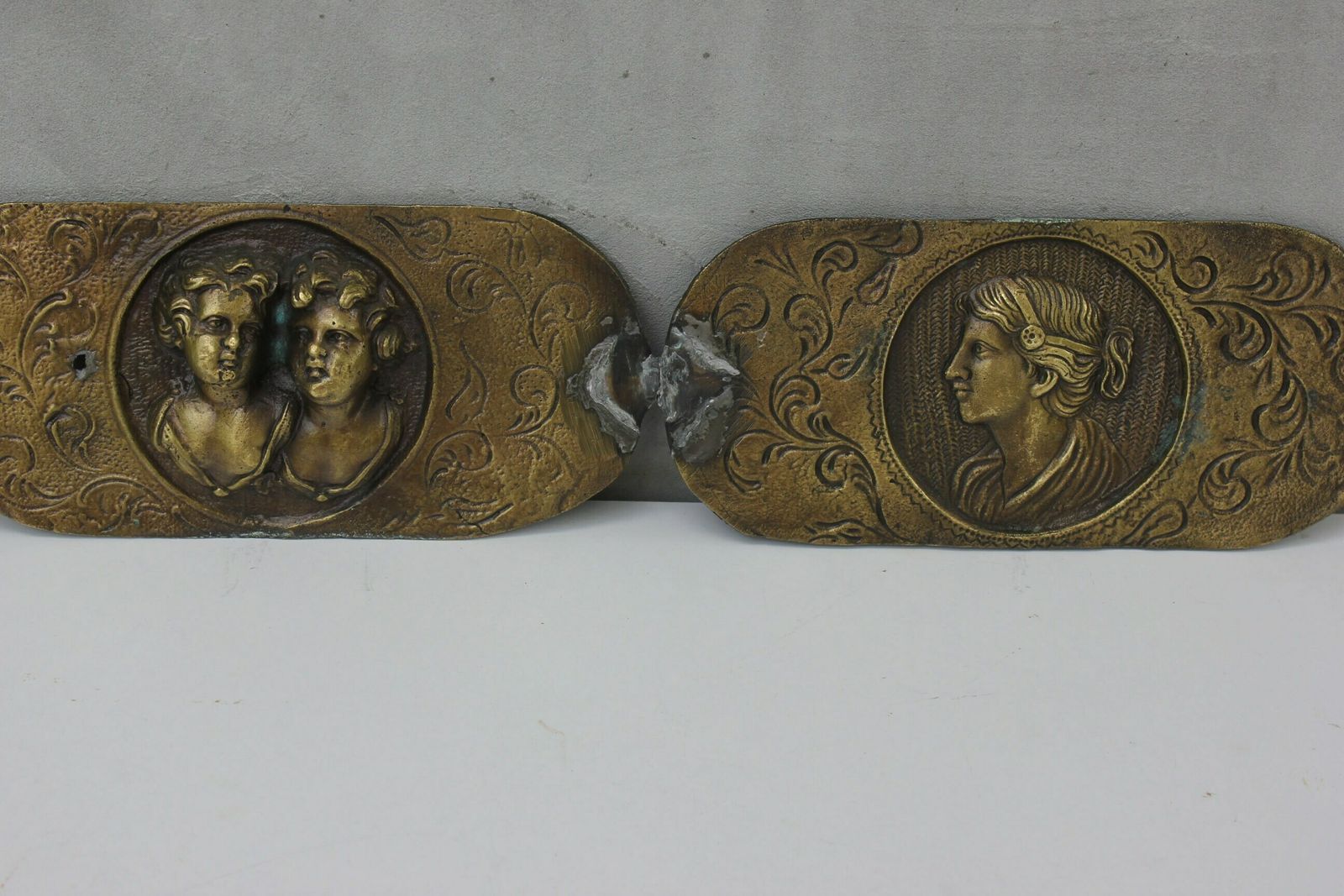 Italian Salvage Rare Relief Metal Plaque, 4 Cooper Bar Reliefs Wall Art Panels Funeral Wall Tile photo vintage