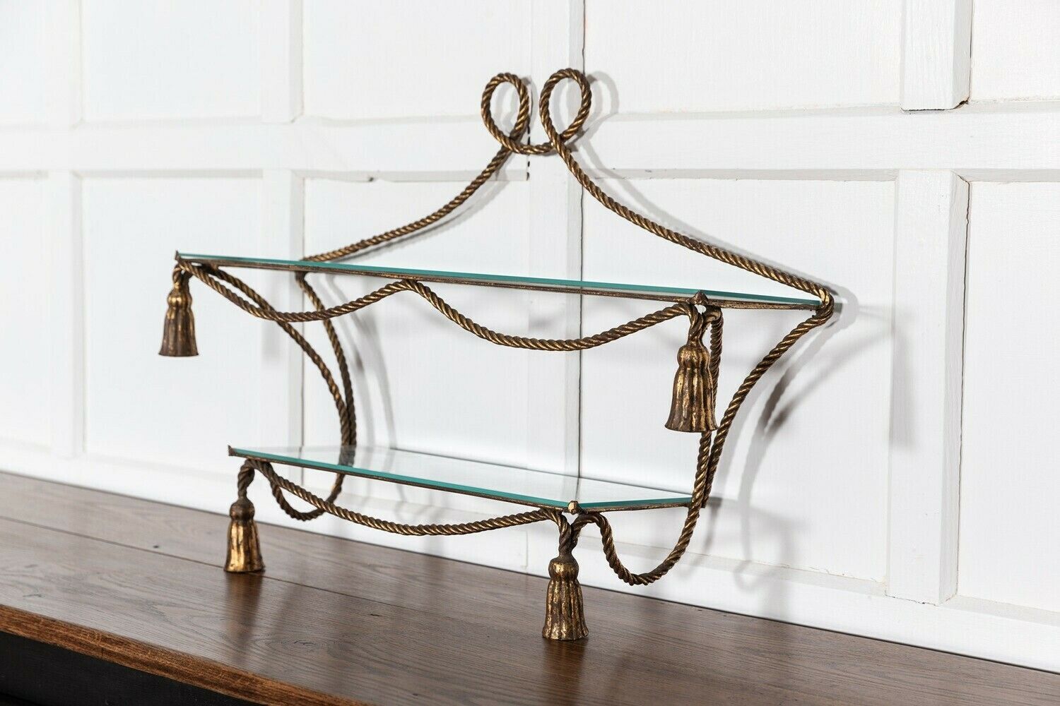 Mid.C Italian Gilt Iron Rope & Tassle Wall Shelves photo for sale