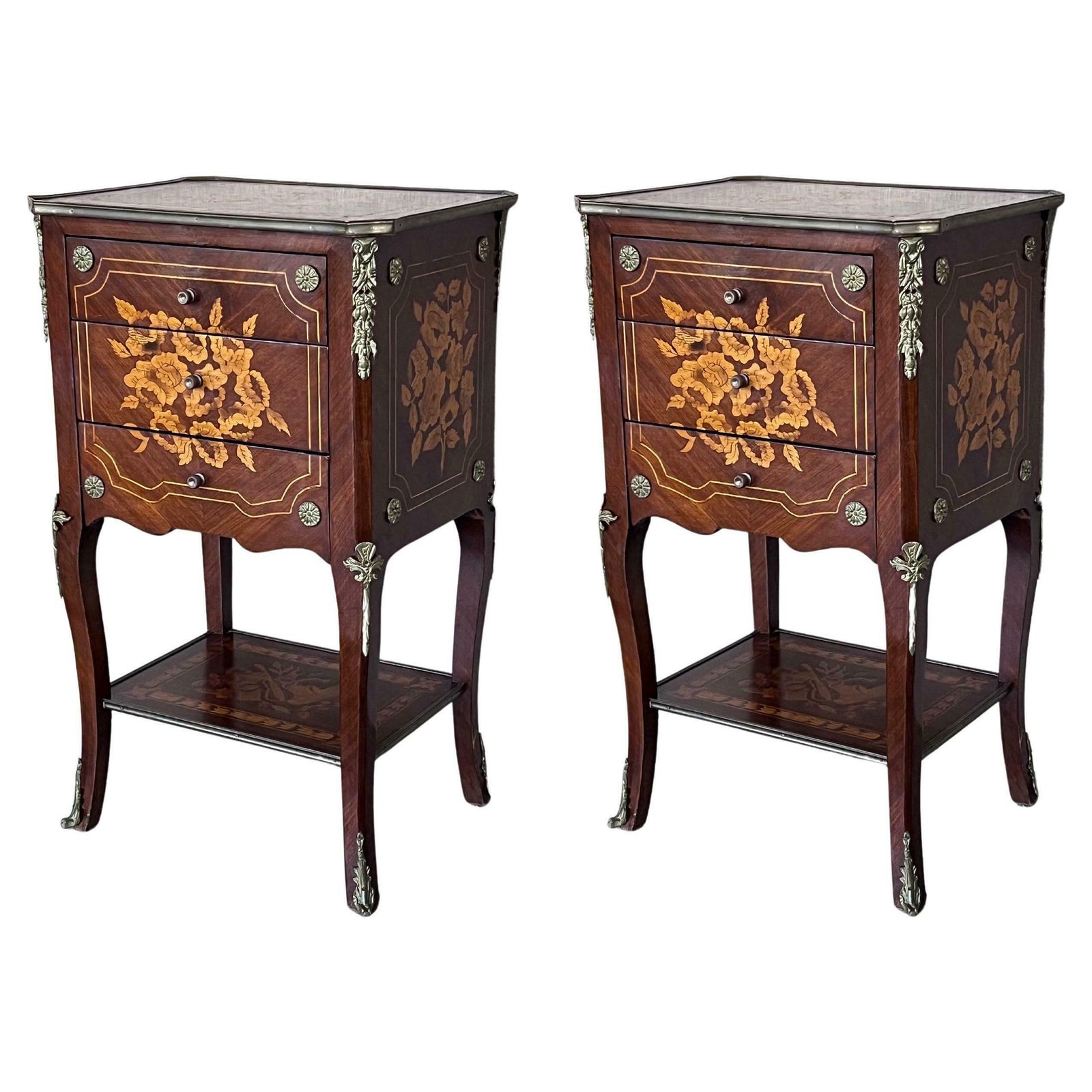 19th Century Pair Of Italian Louis XV Marquetry Nightstnds With Drawers & Shelve