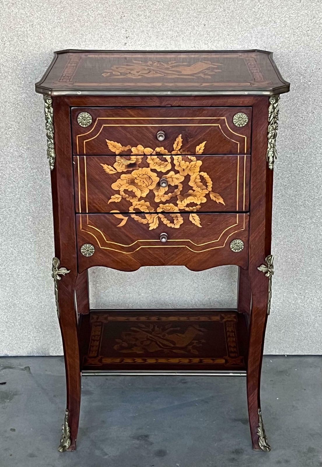 19th Century Pair Of Italian Louis XV Marquetry Nightstnds With Drawers & Shelve photo for sale