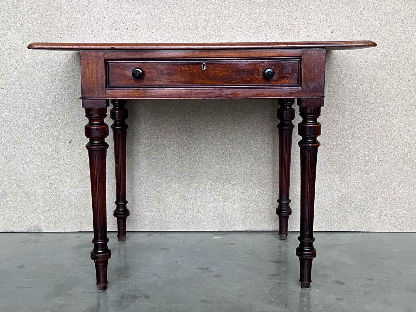 Spanish Country Pine Side Table With Two Sides Drawer And Leather Top photo for sale