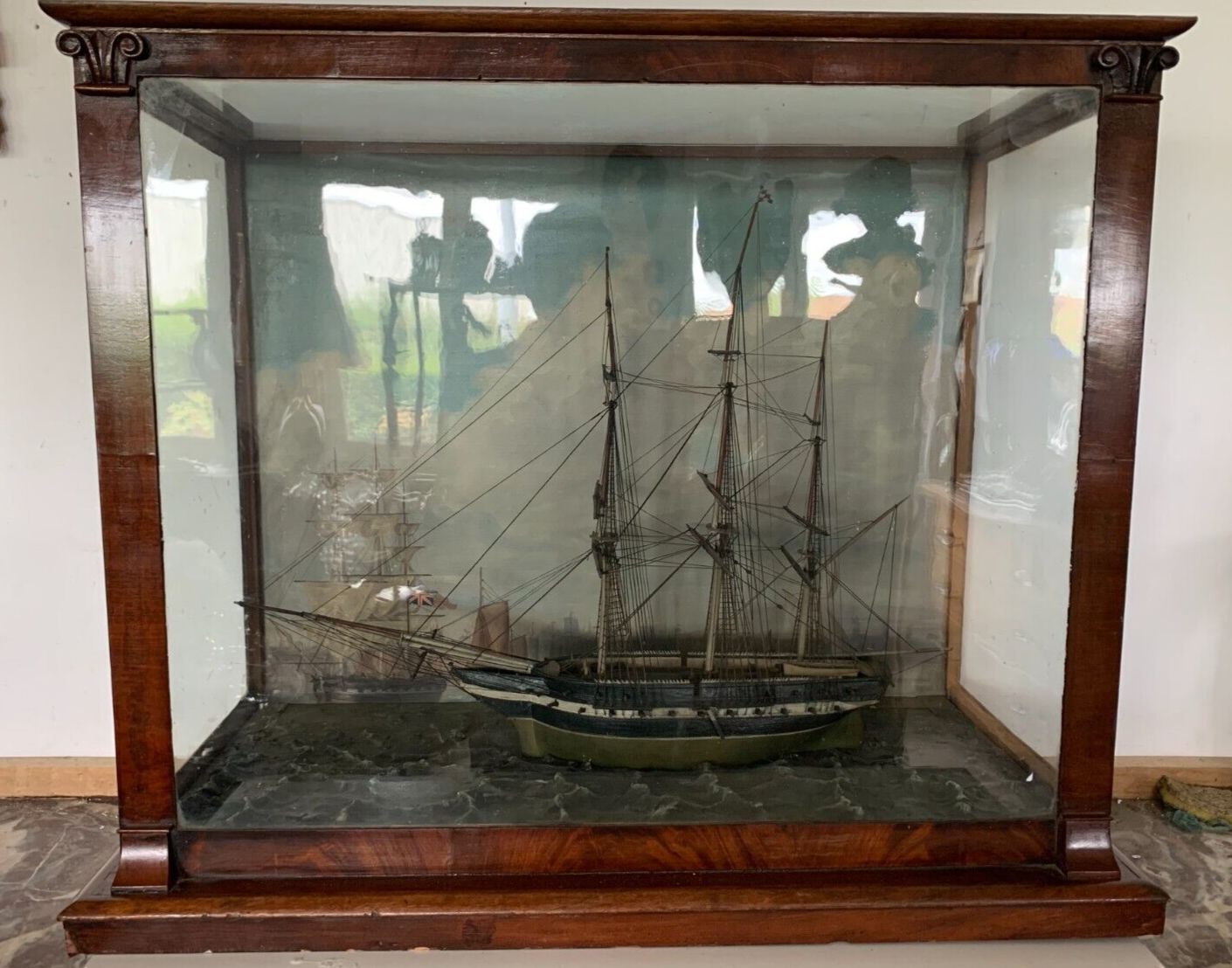 Old Model Of A Sailboat With Three Masts In Its 19th Century Showcase photo furniture