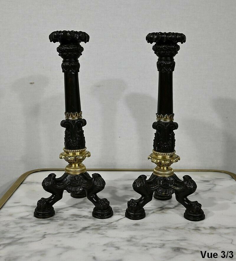 Home Decor Pair Of Bronze Candlesticks, Restoration Period, Early 19th Century photo