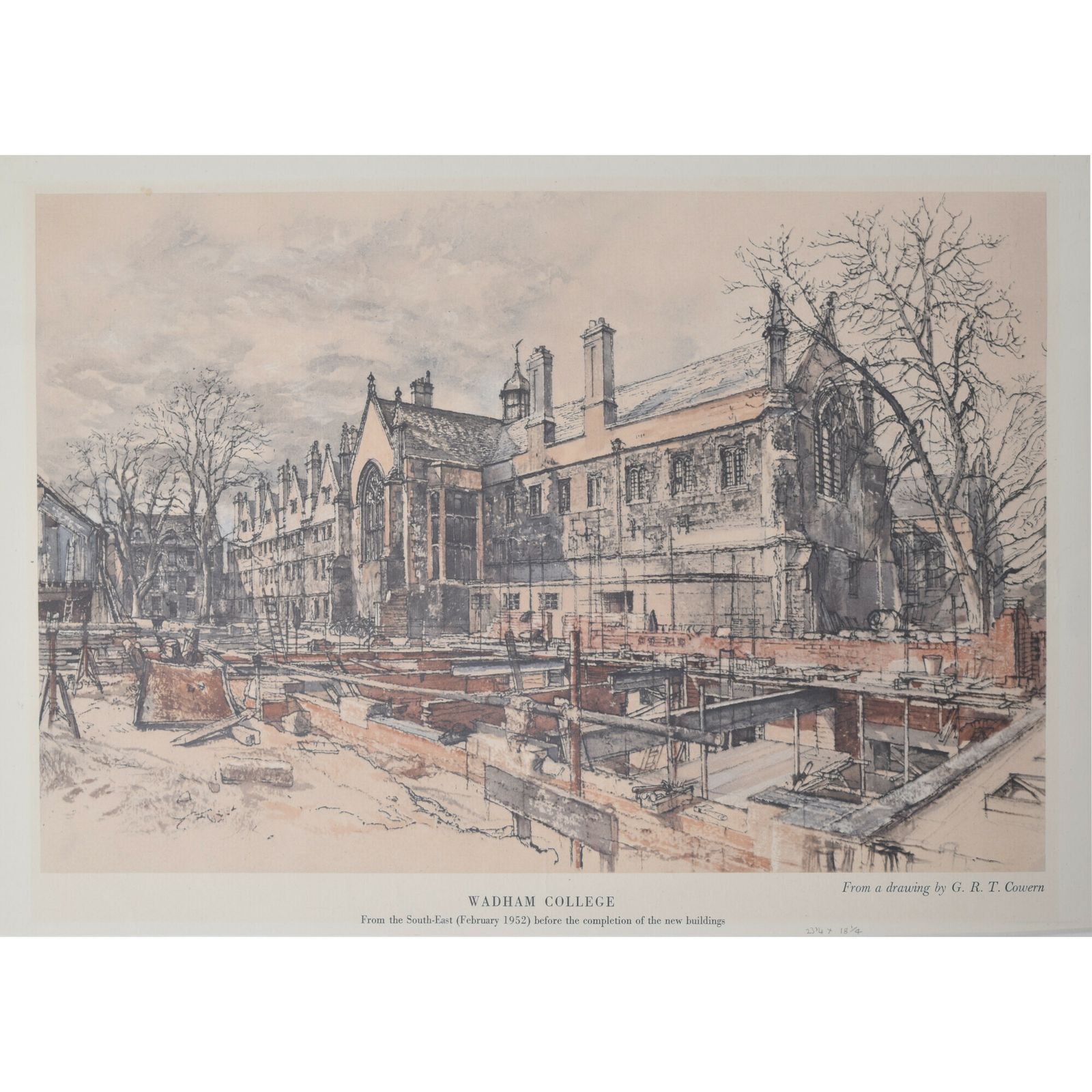 G R T (Raymond Teane) Cowern (1913 – 1986) Wadham College, Oxford From The South East Before The Completion Of The New Buildings (1952)