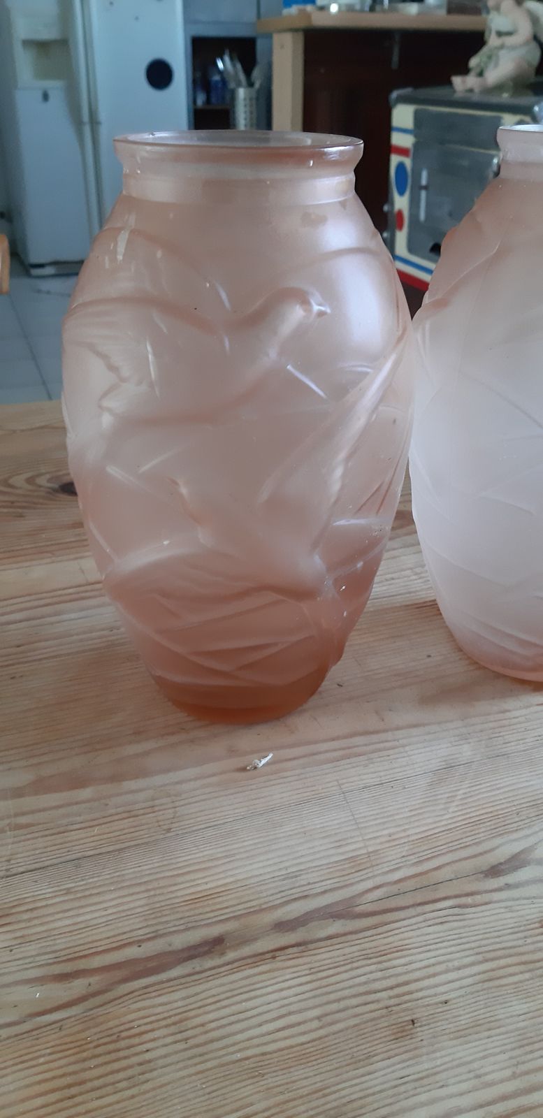 Pair Of Art Deco Salmon Glass Vases Signed Ns photo for sale