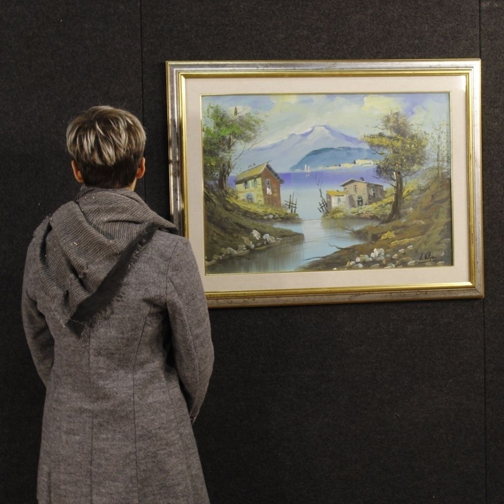 Italian Lake View Painting Oil On Canvas photo for sale