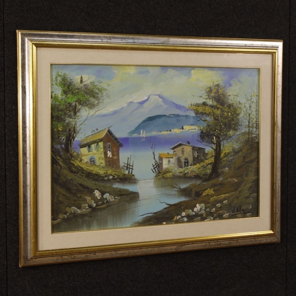 Italian Lake View Painting Oil On Canvas photo vinterior