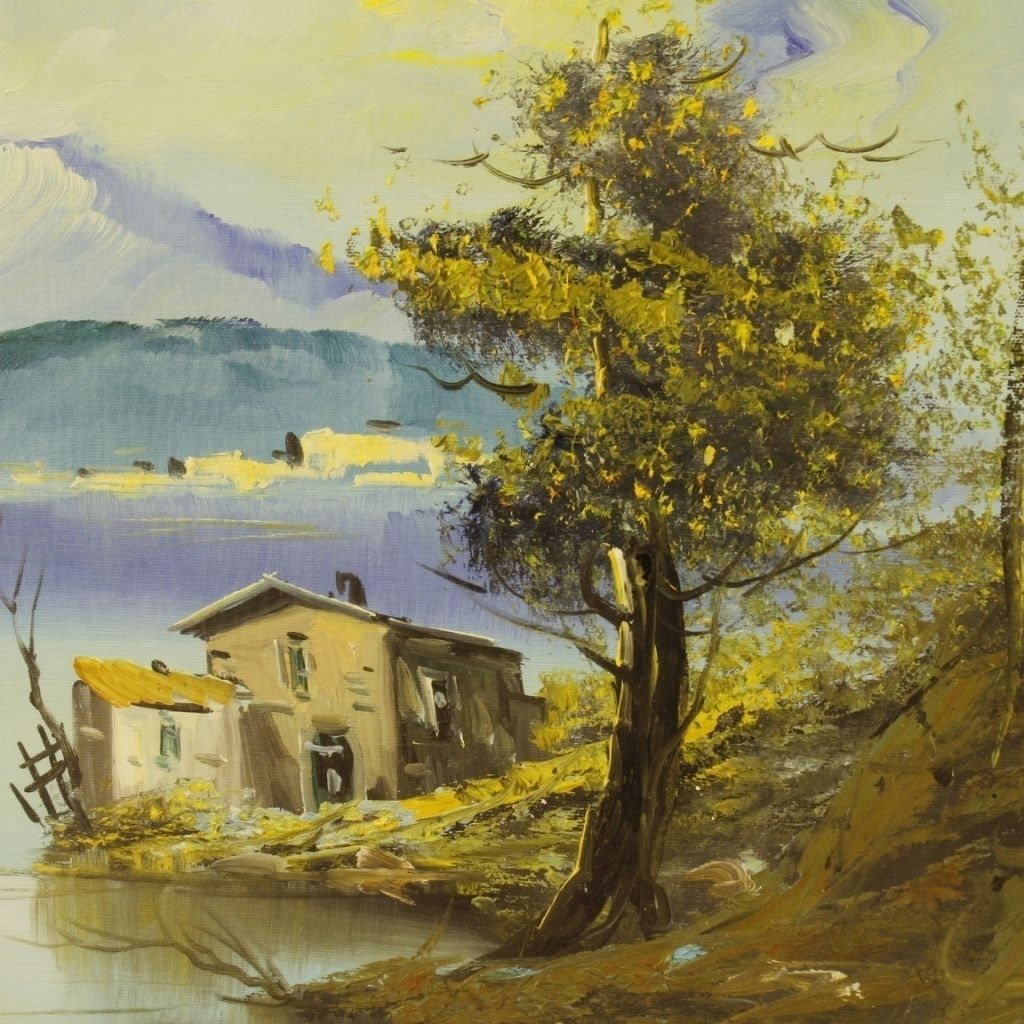 Italian Lake View Painting Oil On Canvas photo vintage