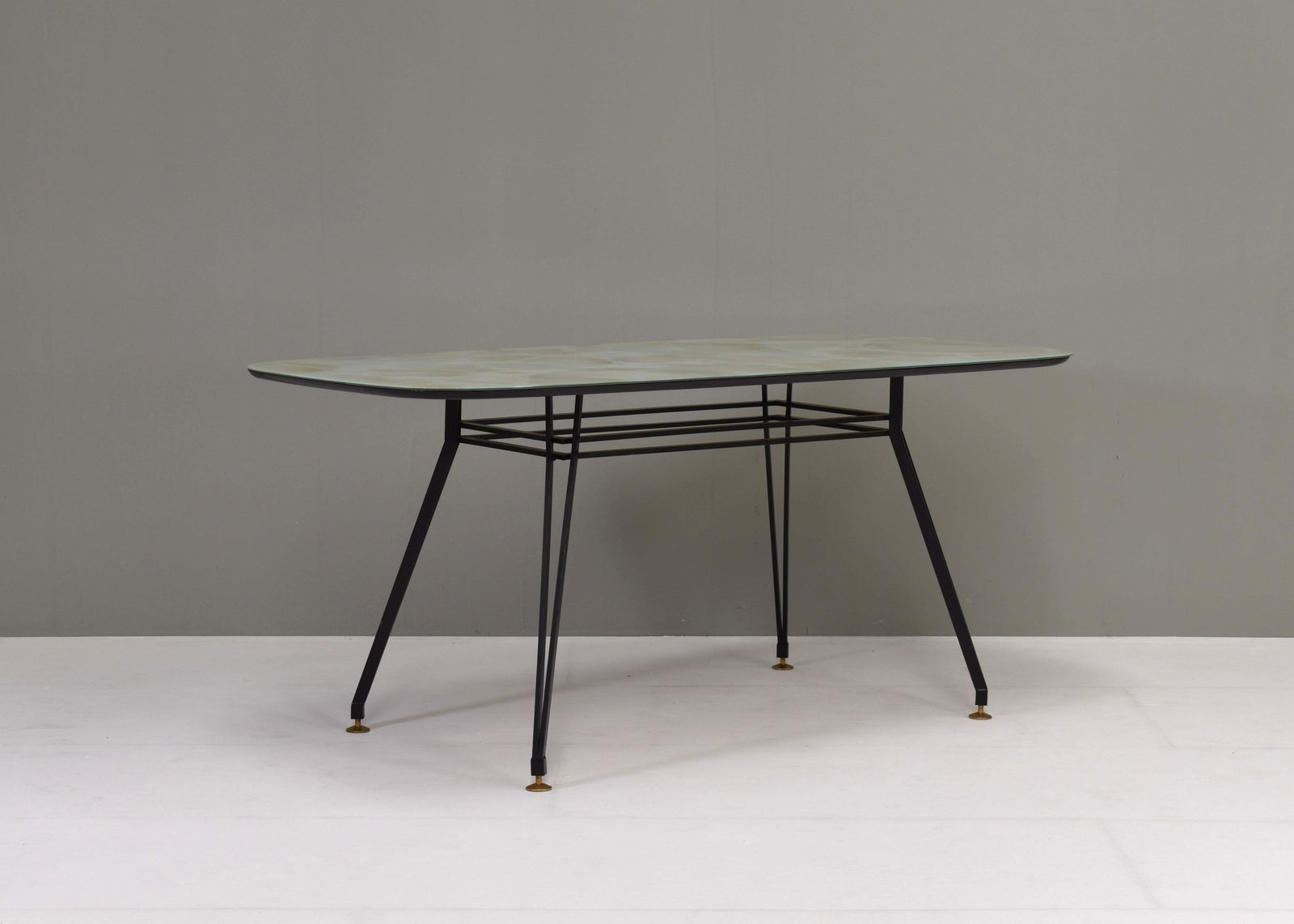 1950's Italian Dining Table With Metal Base, Glass Top And Brass Details photo Furniture