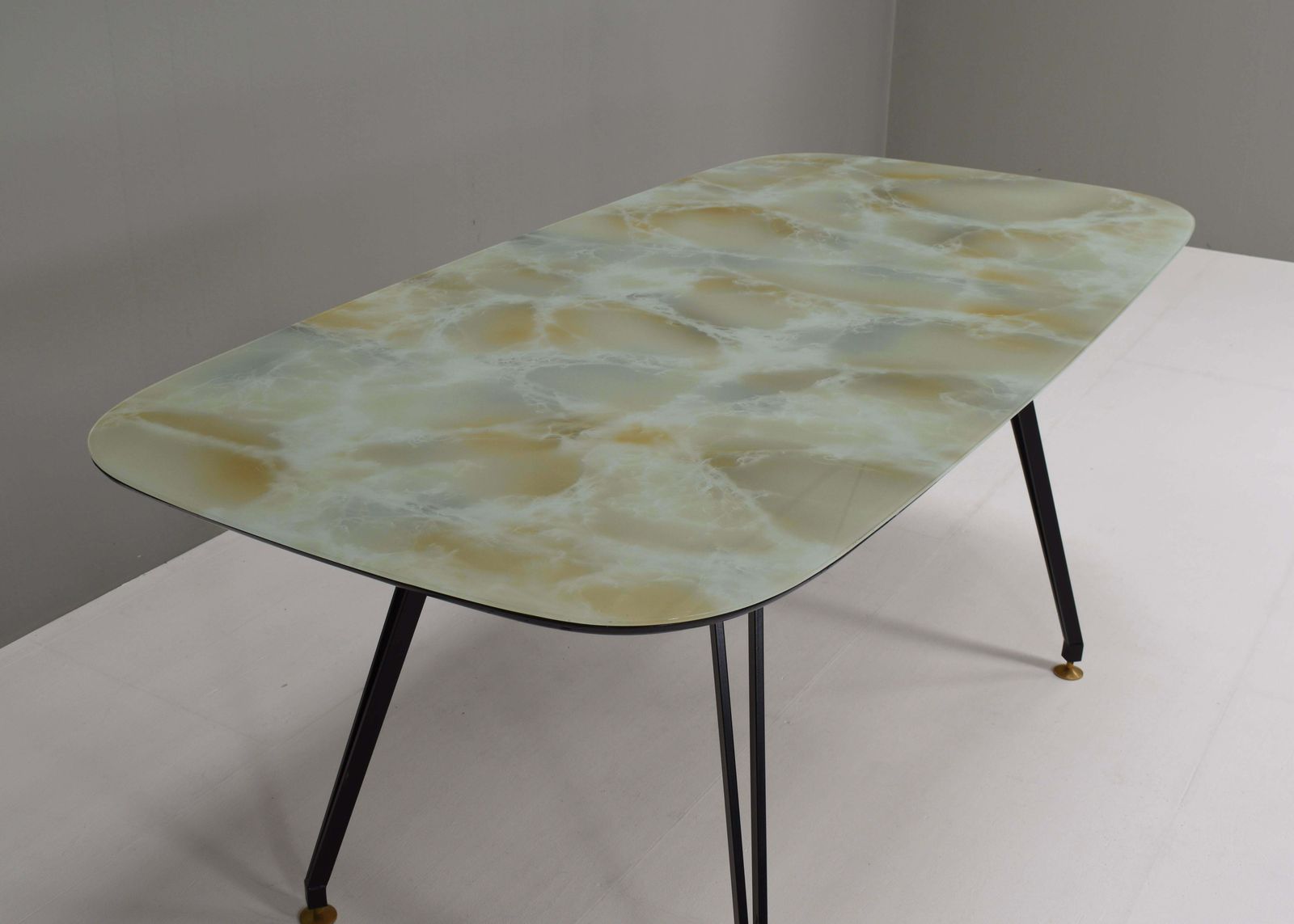 1950's Italian Dining Table With Metal Base, Glass Top And Brass Details photo vintage