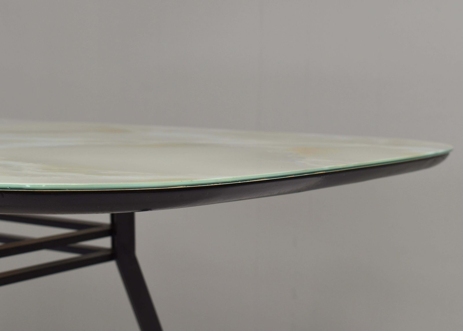 photo vinterior 1950's Italian Dining Table With Metal Base, Glass Top And Brass Details