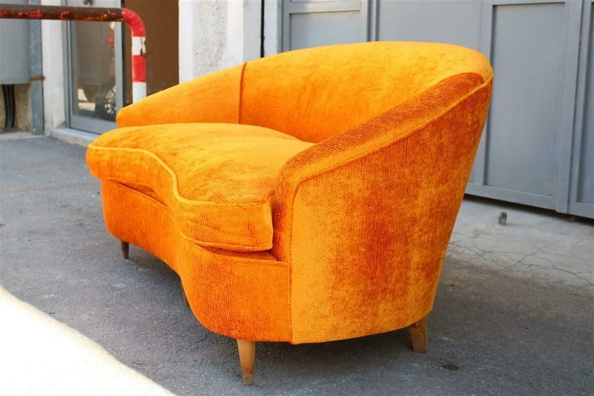 Mid Century Orange Velvet Curved Sofa Made In Italy 1950s Wood Feet photo furniture