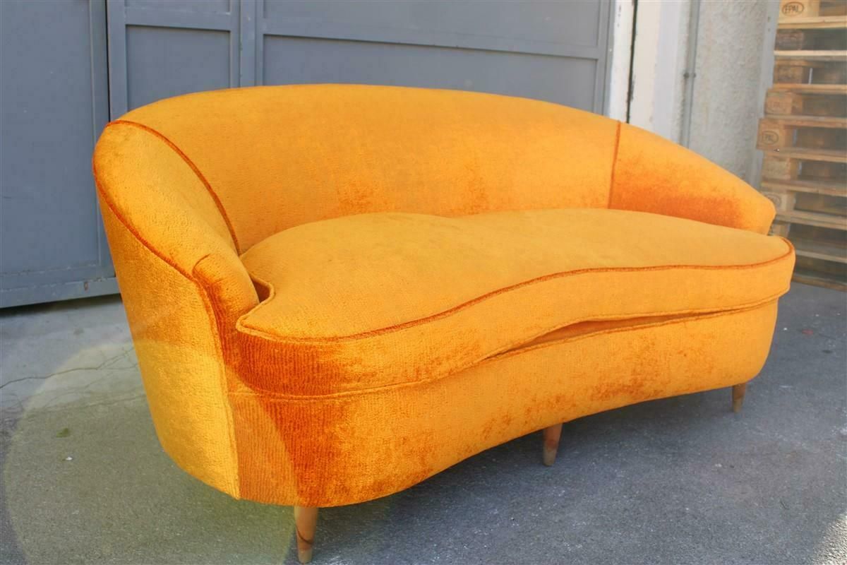 photo furniture Mid Century Orange Velvet Curved Sofa Made In Italy 1950s Wood Feet