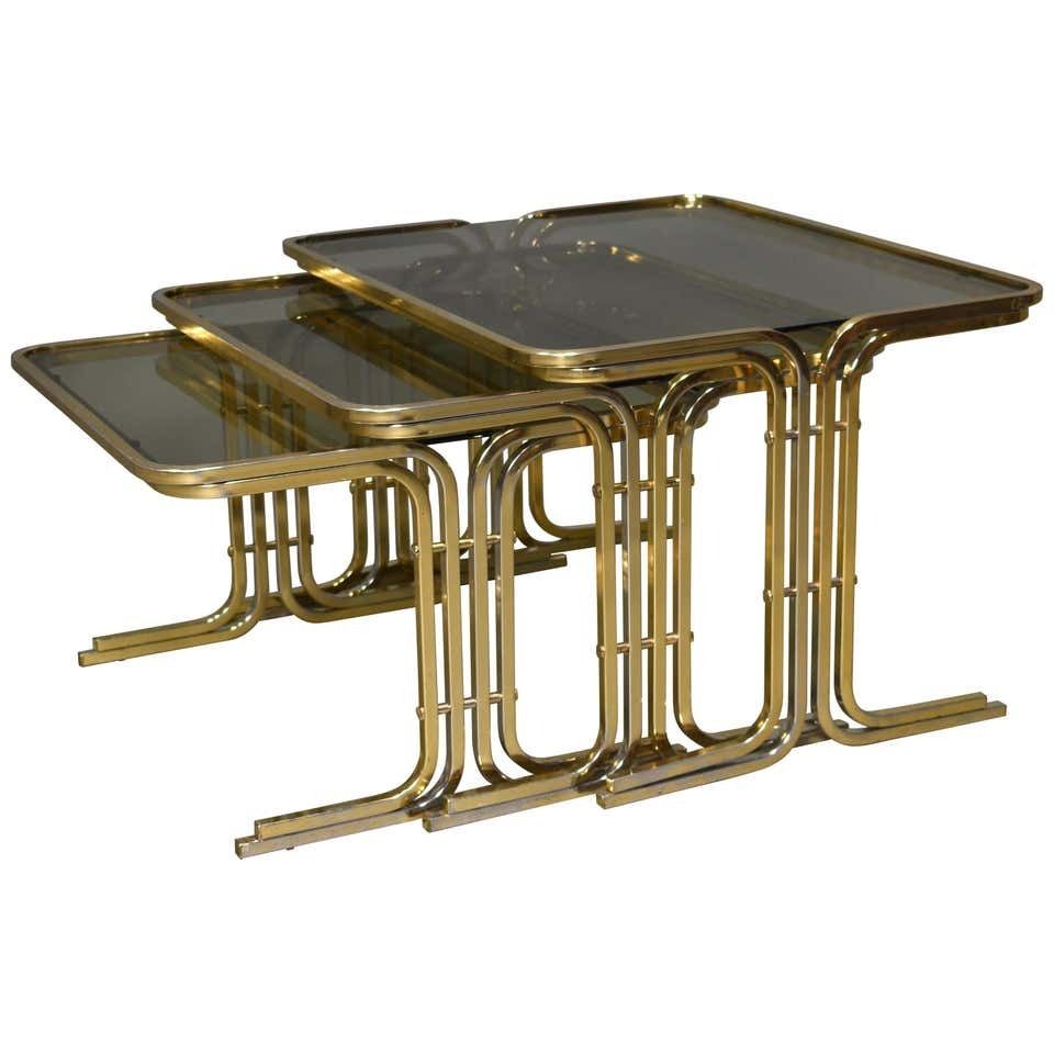 Italian 1970s Nesting Tables Gold / Smoked Glass, Italy, Circa 1970